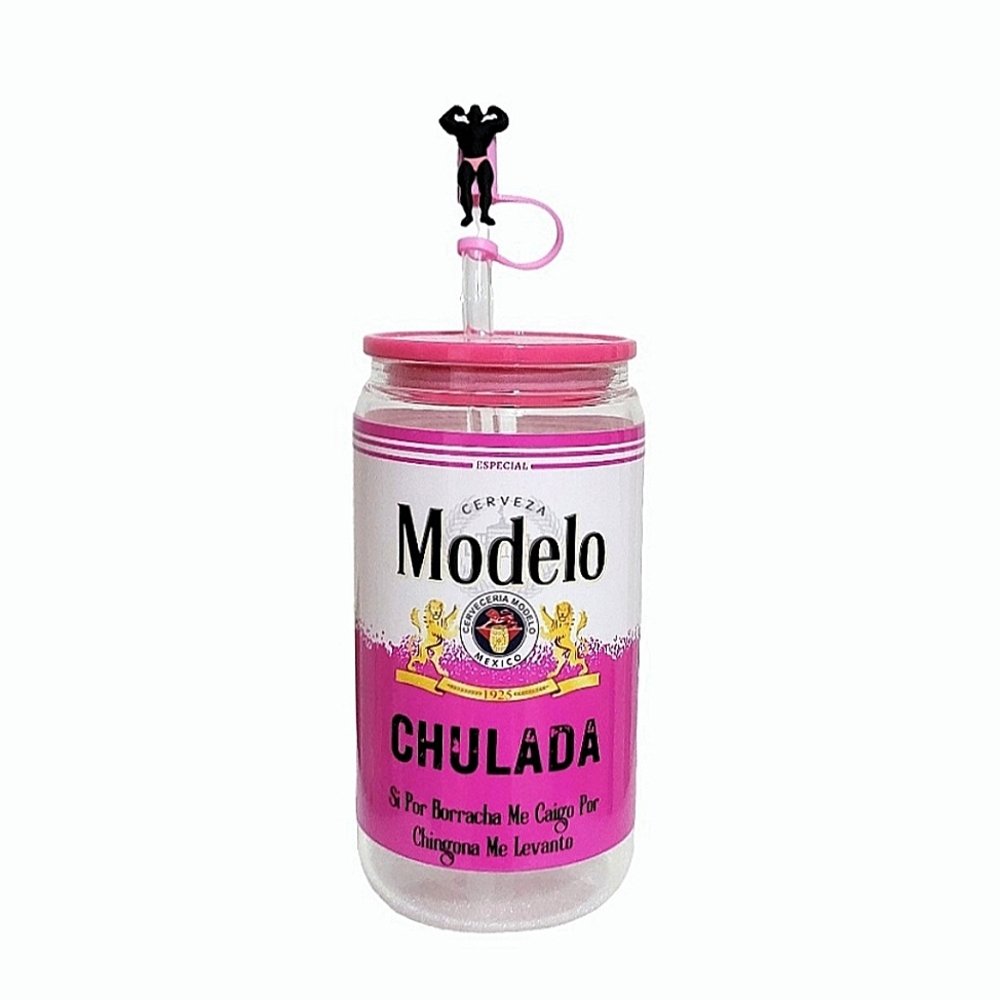 Modelo Chulada Glass Tumbler Cup 16oz Pink Design